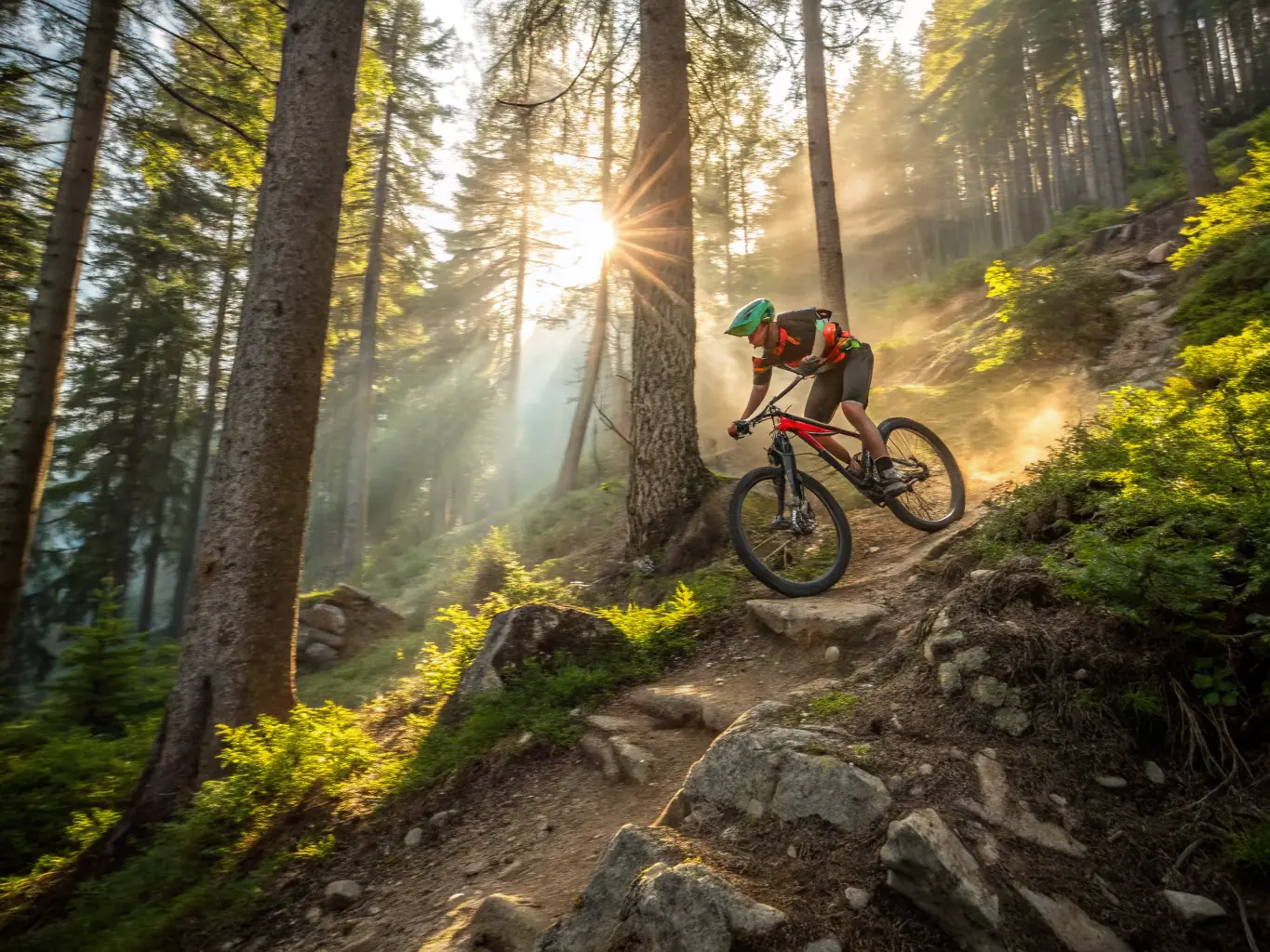 A cyclist navigating a challenging VTT trail in a forest, demonstrating the thrill and skill involved in mountain biking.