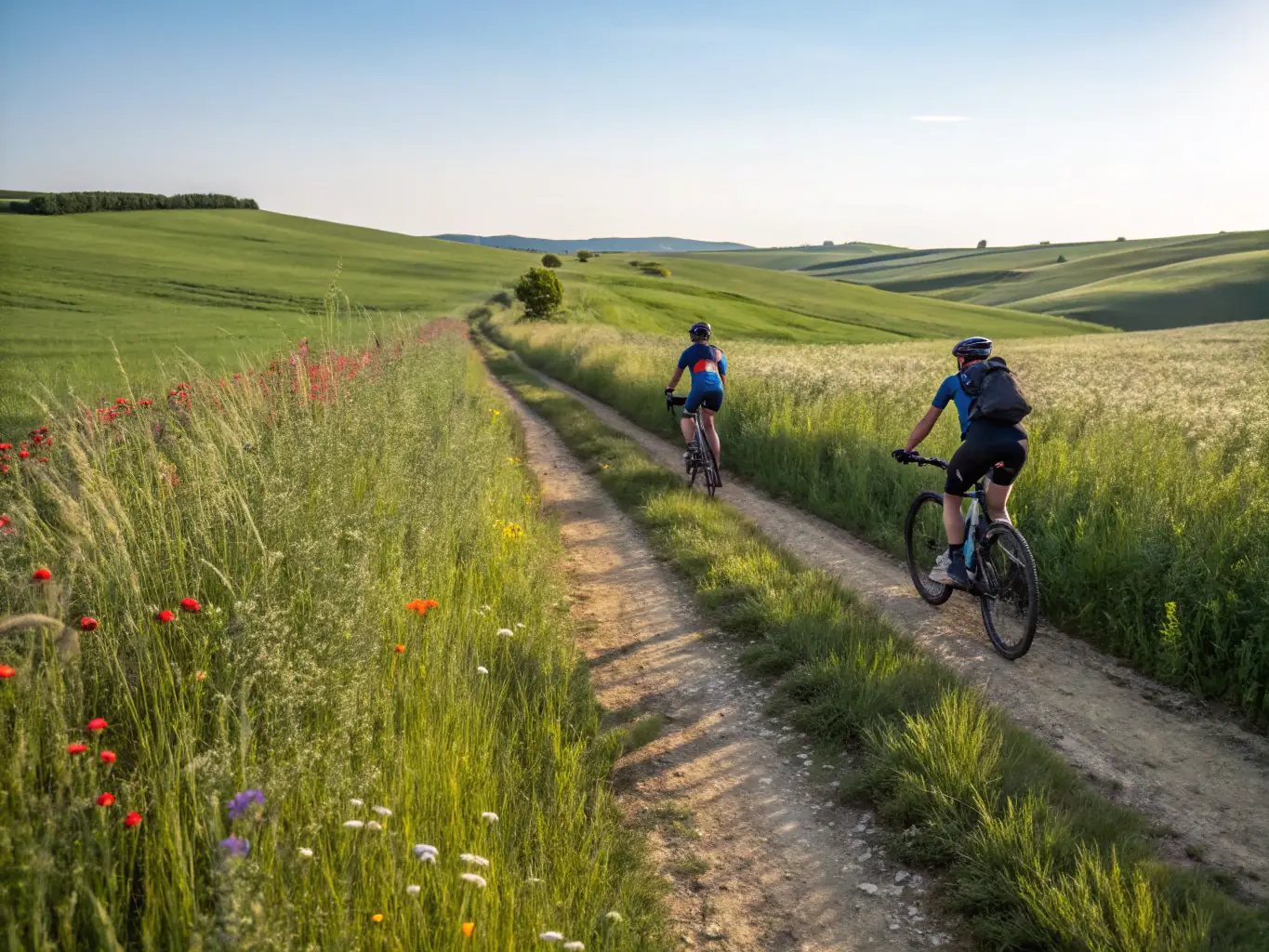 A group of adult cyclists riding on a paved road through a rural landscape, showcasing VTC cycling.