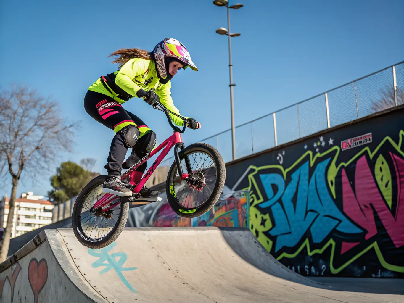 A skilled BMX cyclist performing a trick in a skatepark, representing the more advanced and adventurous cycling activities offered by C.C.V.K.