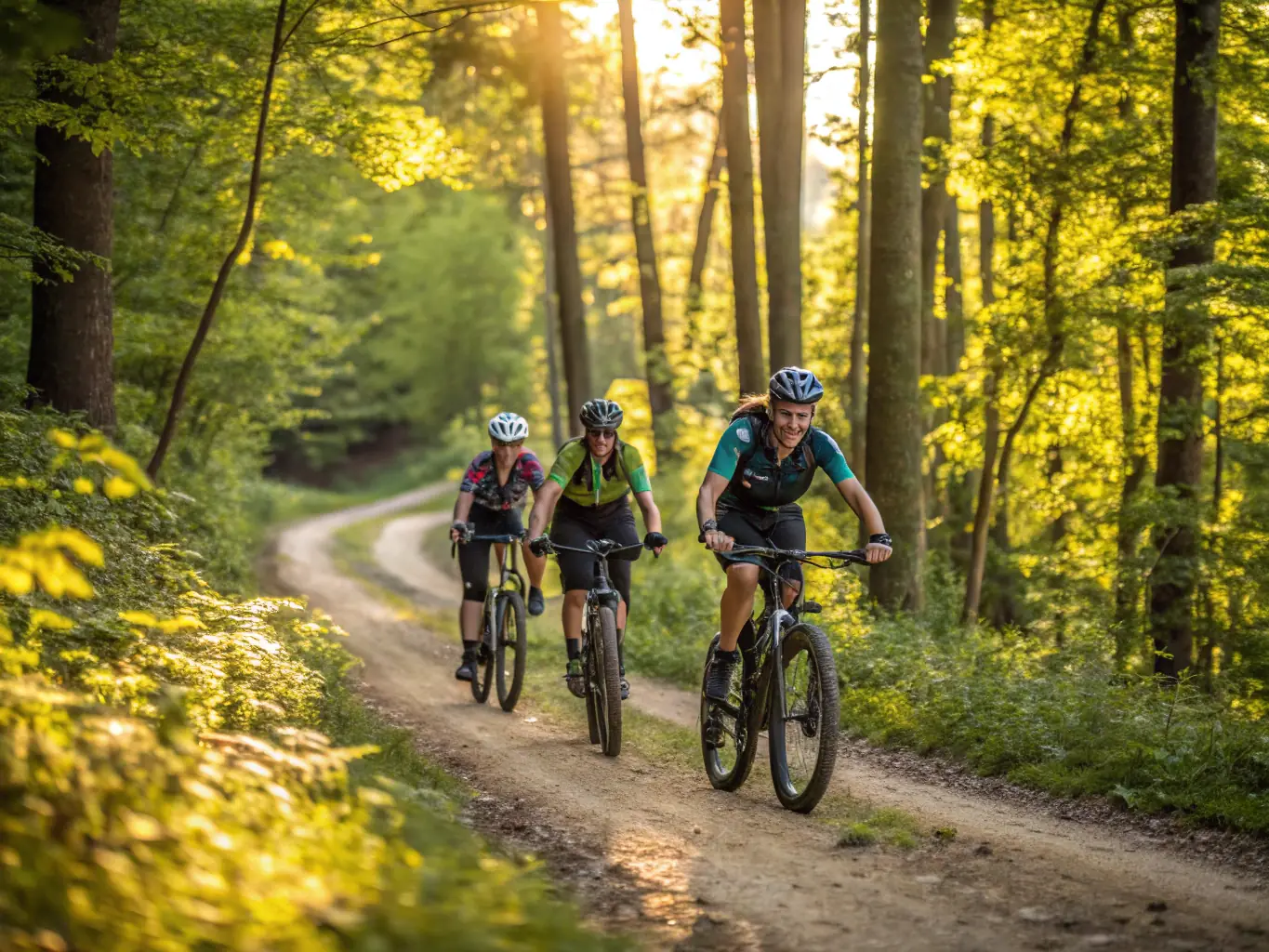 A group of young cyclists participating in a VTT training session in a forest, showcasing the youth cycling program offered by C.C.V.K.